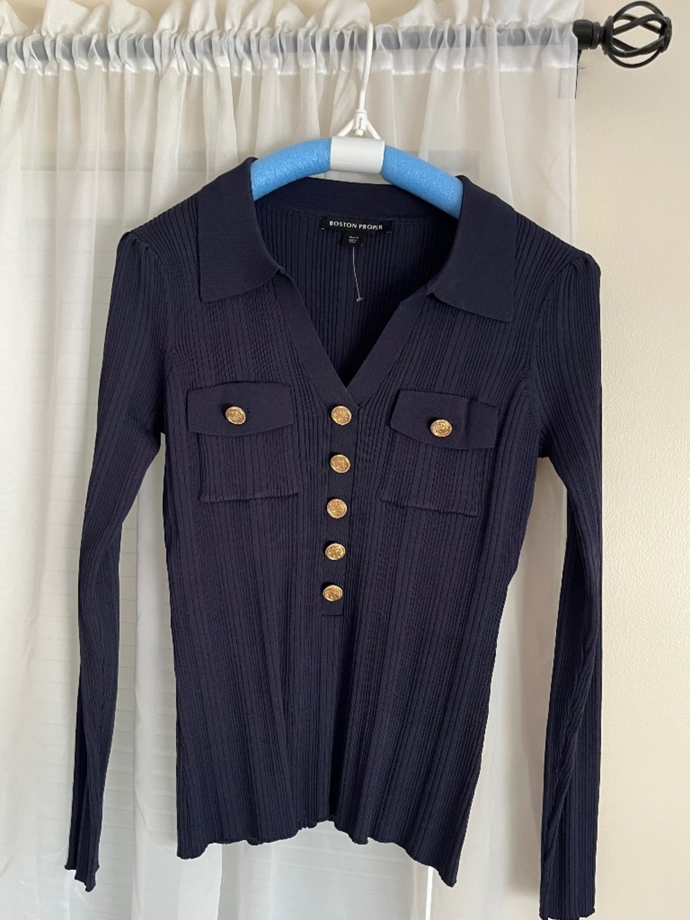 Boston Proper Ribbed Collar Dark Navy Long Sleeve Gold Button Sweater Top Sz. S